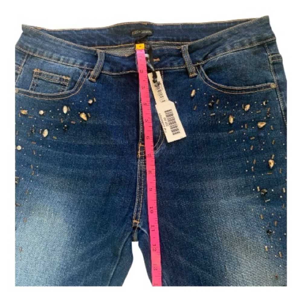 Coco + Carmen Dark Blue Wash Distressed Beaded Skinny Jeans High Rise Size L/XL - Picture 10 of 14